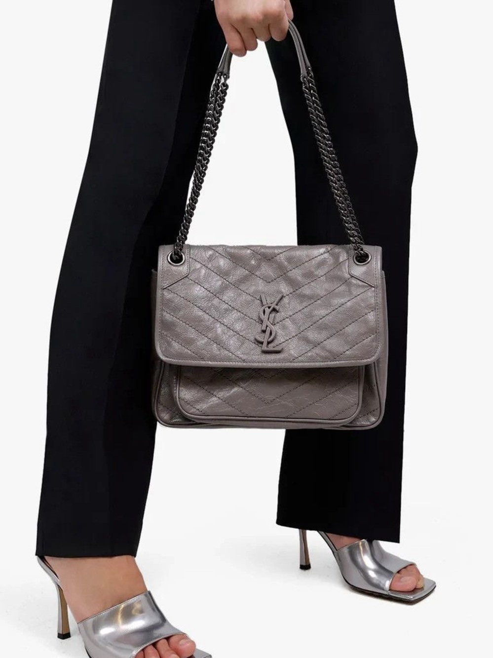 Saint Laurent Niki Quilted Metallic Grey Shoulder Bag with Chain Straps